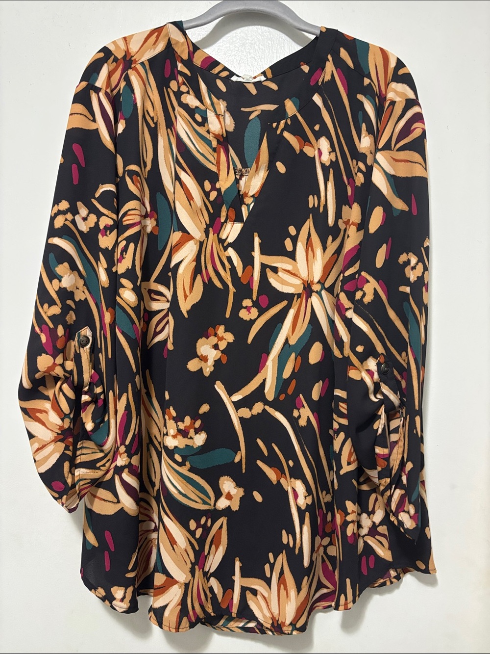 Maurices Black Floral Blouse with Mustard, Teal & Magenta Accents